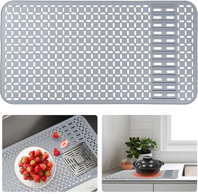 Silicone Sink Mat 26''x14'' Kitchen Sink Protector Mat With DIY Drain Hole, Grey Farmhouse Silicone Sink Mat Protector 1pcs Kitchen Sinks Accessories