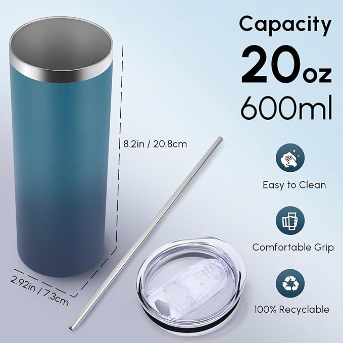 Volhoply 20 oz Skinny Tumbler with Lid and Straw, Stainless Steel Straight Tumblers Cup, Vacuum Insulated Coffee Mug for Home, Office, Travel, DIY (Dark Night,1 Pack)