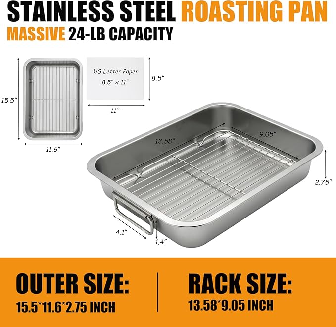Stainless Steel Roasting Pan with Rack & Handles,15.5" x 11.6"- Food Grade No Coating Dishwasher Safe - Roaster for Turkey Chicken Meat Vegetables for Thanksgiving Christmas and Family Gatherings