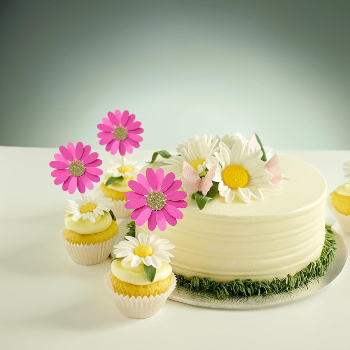 24Pcs Daisy Cupcake Toppers Flower Cake Topper Decorations Daisy Cake Decorations Chrysanthemum Cupcake Toppers Spring Daisy Flower Cake Picks for Birthday Wedding Supplies Rose Red