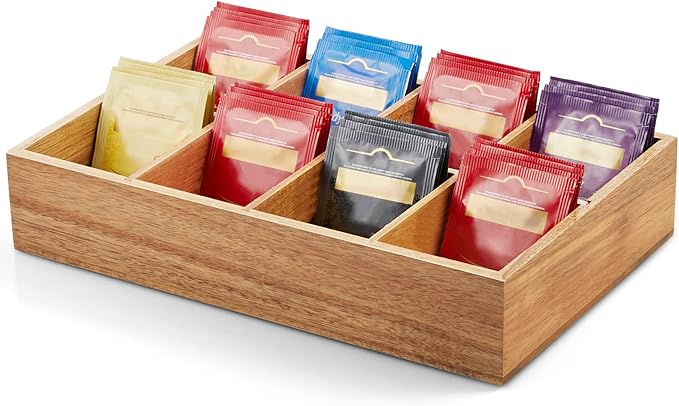 DRASTAR Acacia Wooden Tea Bag Organizer with 8 Slots, Sugar Packet Holder and Tea Bag Caddy Box for Countertop