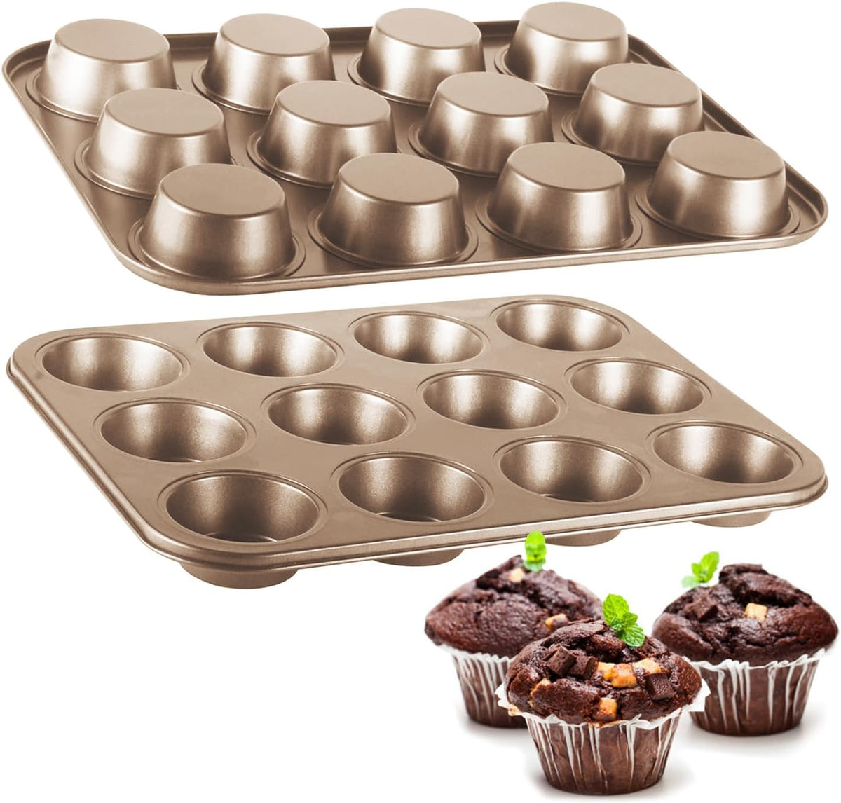 Cupcake Pan 2 Pack, Rustproof 12-Well Nonstick Muffin Pan for Baking