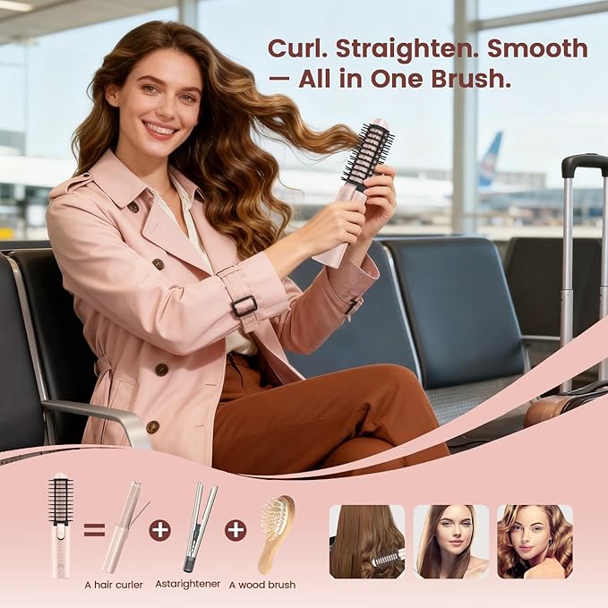 Youbella Cordless Hair Curling Iron Brush, Portable Travel Hair Curler, Mini 1.5″ Heated Round Brush, 3-in-1 USB Rechargeable Straightening Wand for Styling & Smoothing, 200 Million Ionic Care, Pink