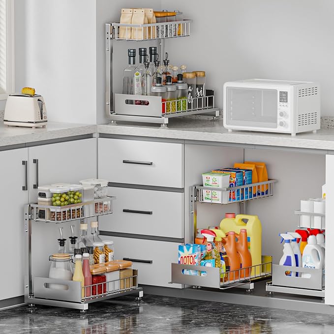 L-Shaped Under Sink Organizer, 2 Pack 2-Tier Pull Out Metal Kitchen Cabinet Organizer with Sliding Storage Drawer, Height Adjustable Heavy Duty Under Bathroom Sink Storage for Cleaning Supplies