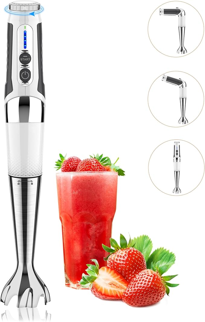 Toogel Cordless Immersion Blender, Electric Hand Blender with 21-Speed & 3-Angle Adjust, USB Rechargeable, BPA-Free & Dishwasher Safe for Baby Food, Smoothies, Soup (White)