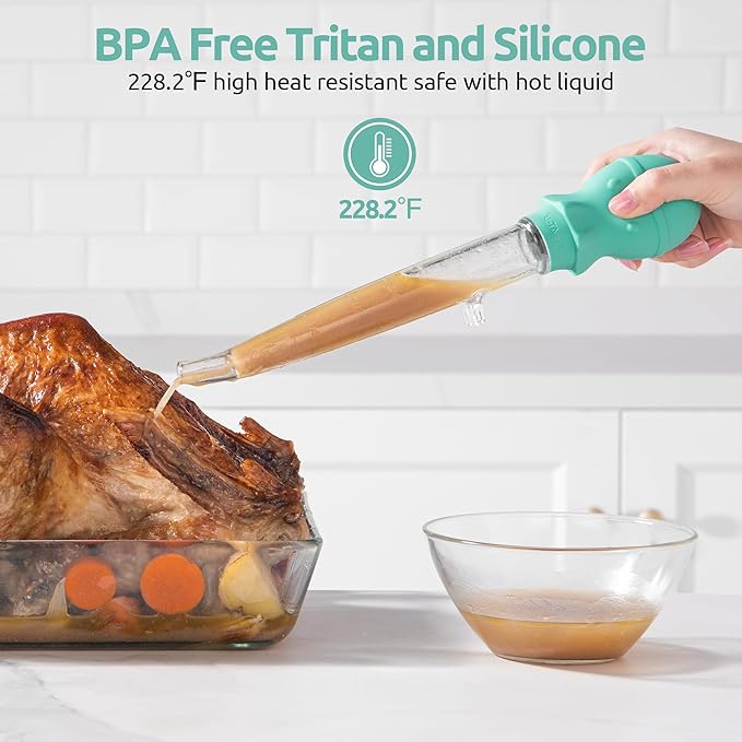 U-Taste 18/8 Stainless Steel Measuring Cups and Spoons Set of 10 Piece, Upgraded Thickness Handle and 1.5oz Heat Resistant Angled Turkey Baster with Cleaning Brush for Cooking Basting (Aqua Sky)