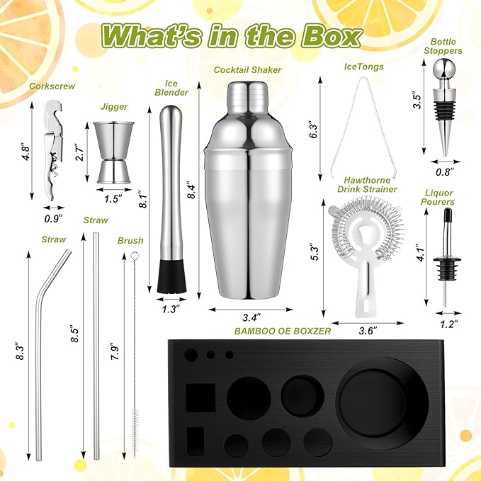 Mifoci 28 Pcs Bartender Kit, Mixologist Bartender Kit Garnish Tray with Lid Bar Caddy and 3 Tier Glass Rimmer, 17 Pcs Margarita Cocktail Shaker Set with Wooden Base for Home Bar Gift Set(PVA Plastic)