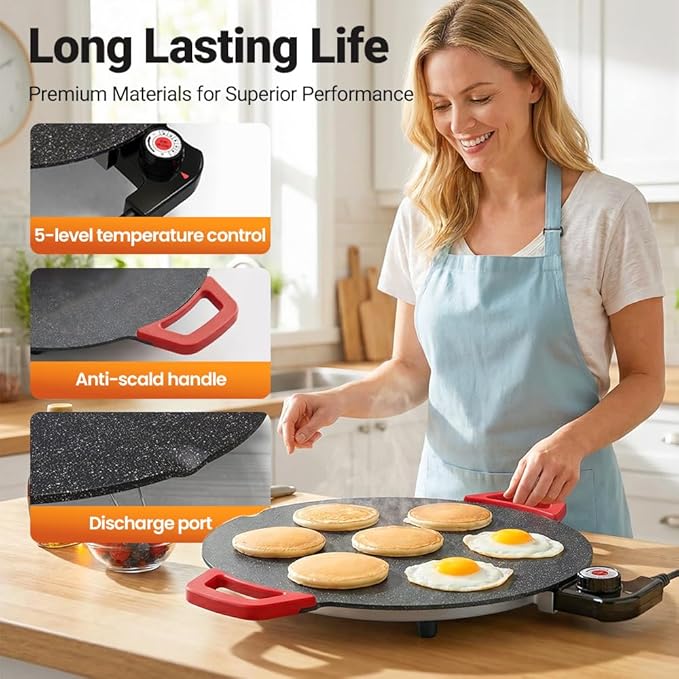 Non-Stick Electric Indoor Grill Pan, 2026 Upgraded Indoor Grills Electric Smokeless, Large Round Electric Griddle, Portable Electric KoreanBbq Grills, for Steaks, Pancakes, BBQ (16 inch)