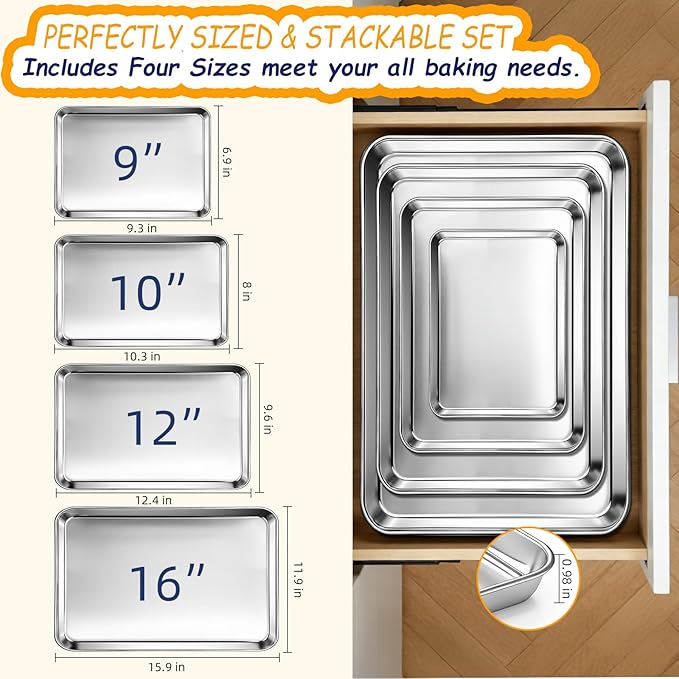 CEKEE Baking Sheet Set of 4, Stainless Steel Cookie Sheets for Baking, 0.8mm Heavy Duty Nonstick Baking Pans, 9/10/12/16 Inch Baking Trays for Oven, Non Toxic & Mirror Finish & Easy Clean