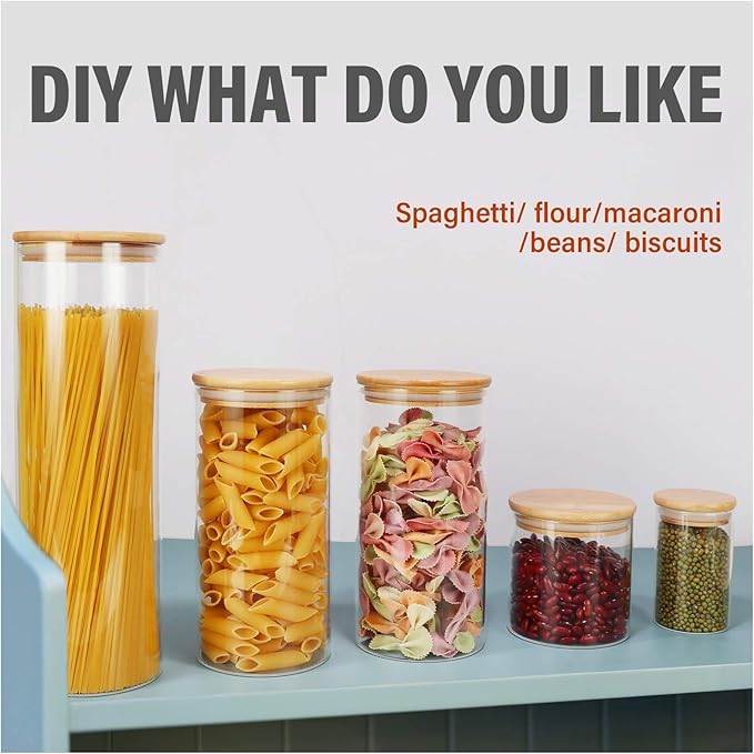 Glass Food Storage Containers Jars with Airtight Bamboo Lid 14 oz 10 pcs, 450 ml Pantry Organization Jar, Glass Terrarium with Lid, Spice, Flour and Sugar Container, Canister Set for Kitchen Counter