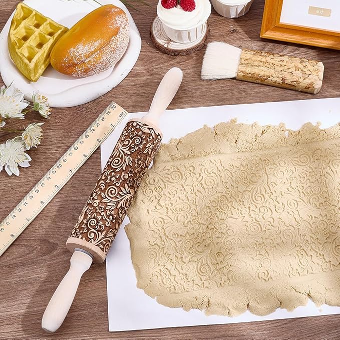 Embossed Wooden Rolling Pin Vine Print 35cm Rolling Pin for Baking Biscuits 3D Pattern DIY Kitchen Tool Baking Accessories Homemade Bakery Pastry Cookie Fondant Dough Pizza