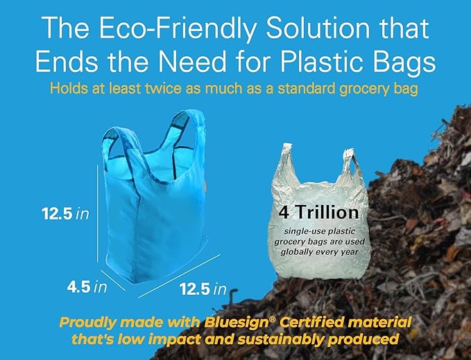 Sturdy Reusable Grocery Bags Foldable and Washable - Made From RipStop Nylon Hold 50lbs - Designed in USA Reusable Shopping Bags Inside a Compact Pod with Carry Clip - 10 Pack in Blue