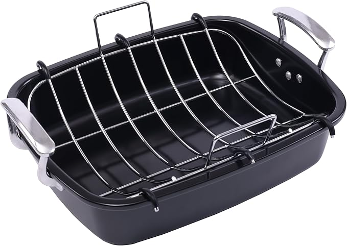 Uukrave Turkey Roasting Pan with Rack (U-Shaped), Extra Large 18.5 x 14.6 Inch Nonstick Roaster Pan for 25 lb Turkey or Chicken, Deep Oven Tray with Wide Handles, Heavy Duty Steel, Nontoxic