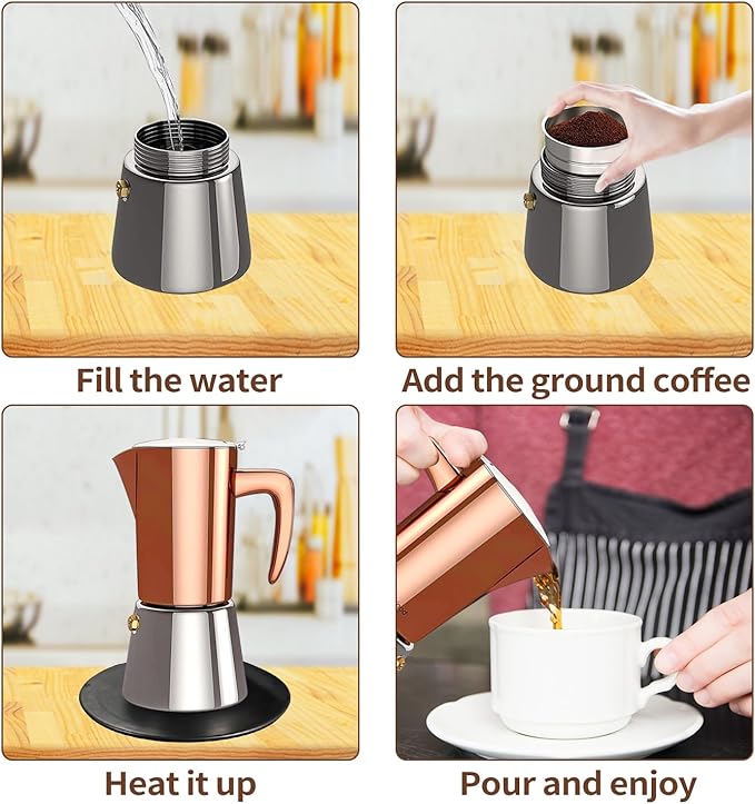 Stainless Steel Moka Pot Espresso Maker 6 Cups (10oz/300ml) - Italian Stovetop Coffee Maker for Gas & Induction Cooktops, Camping & Home Use, Durable Coffee Pot, Brown
