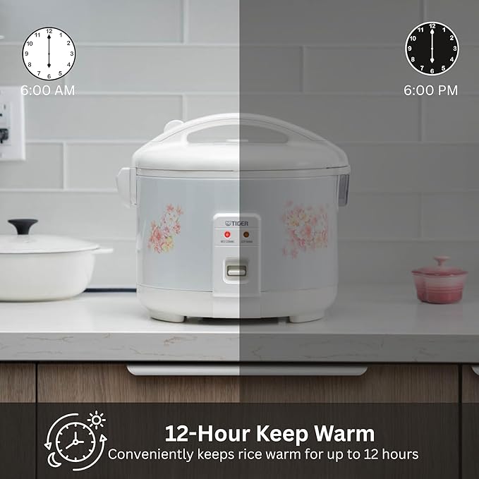 Tiger JNP-1800-LF 10 Cup Capacity White Rice Cooker with Non-Stick Inner Pot, Retractable Power Cord, and Keep Warm up to 12 hours (Flower)