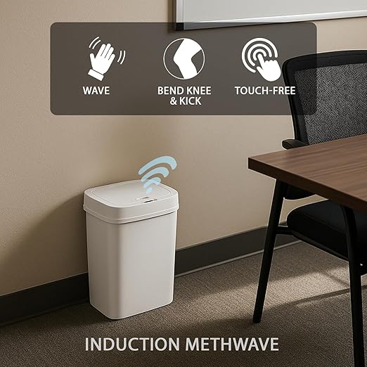 Touchless Motion Sensor Trash Can with Sealing Lid Automatic Soft Close Silent Bathroom Kitchen Office Waste Bin Narrow Rectangular ABS Hands Free Smart Home Garbage Container (White)