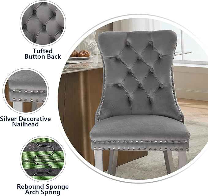 Velvet Dining Chairs Set of 2, Kitchen & Dining Room Chairs, Upholstered Dining Chairs with Back Ring Pull and Silver Solid Wood Legs, Modern Tufted Kitchen Chairs for Dining Room, Light Grey