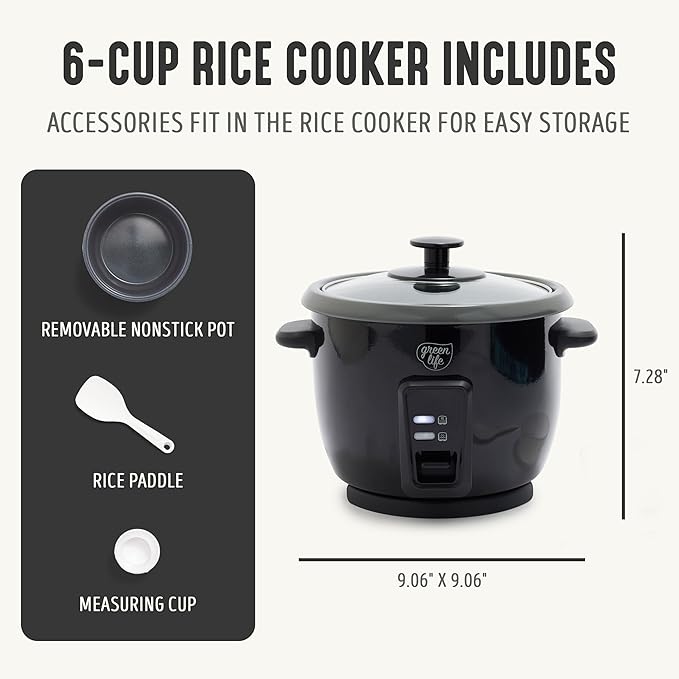 GreenLife Rice Cooker with Removable PFAS-Free Ceramic Nonstick Pot, 3-Cups Uncooked/6-Cups Cooked, Grains & Oatmeal Multicooker, Compact One-Switch Design, Auto Keep Warm, Easy Clean, Black