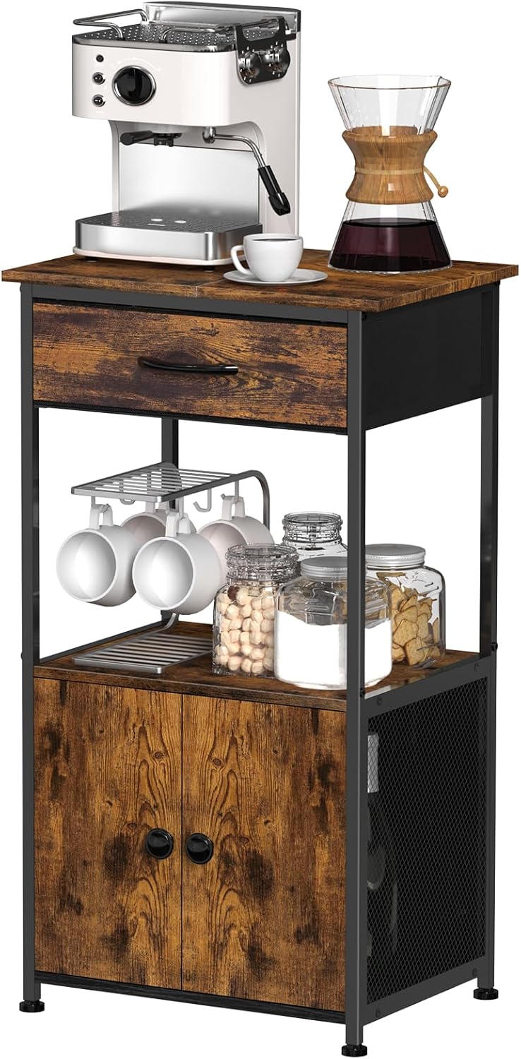 4-Tier Small Coffee Bar with Storage,Kitchen Stand, Farmhouse-Style Coffee Bar with Storage Featuring 2-Door Cabinet for Living Room,Kitchen (Rustic Brown)