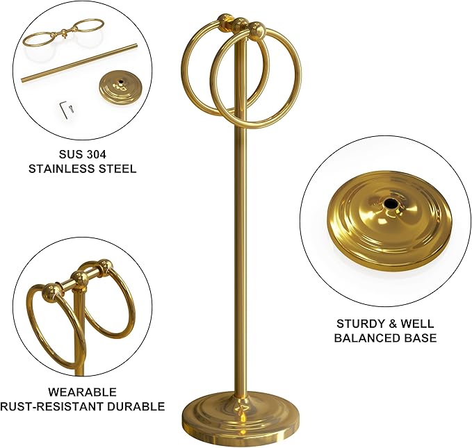 BGL Fingertip Towel Holder Stand Hand Towel Ring for Bathroom or Kitchen Vanity Countertops to Store Hand Towels Washcloths or dishcloths - 2 Hanging Rings,Gold…