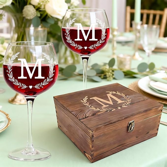 GZLDGIFTS Personalized Initial Wine Glasses Box Gift Set For Women Mom Engraved Birthday Monogrammed Wooden Christmas Gifts Wedding Anniversary Wine Couples Stopper Opener Initial Letterr (M Set)