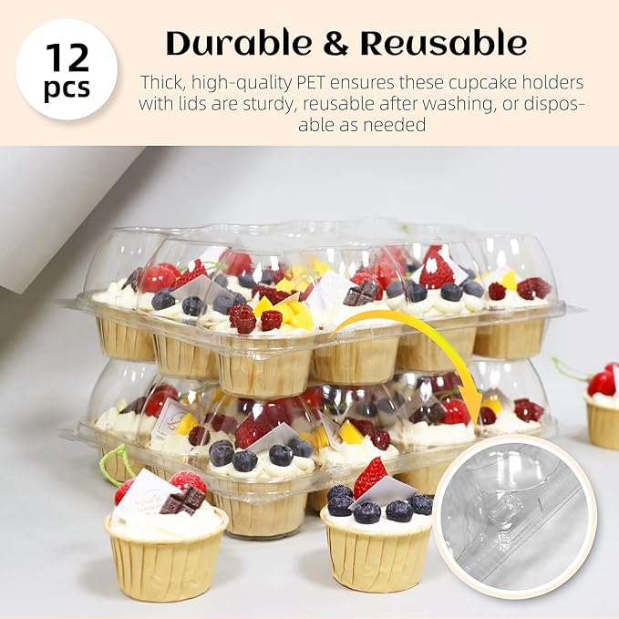 WIKDAY 12 Count x 12 Sets Plastic Cupcake Containers, Durable and BPA-Free Cupcake Holder with Lid for Easy Transport Storage, Stackable Clear Cupcake Carriers, Reusable Dessert Boxes