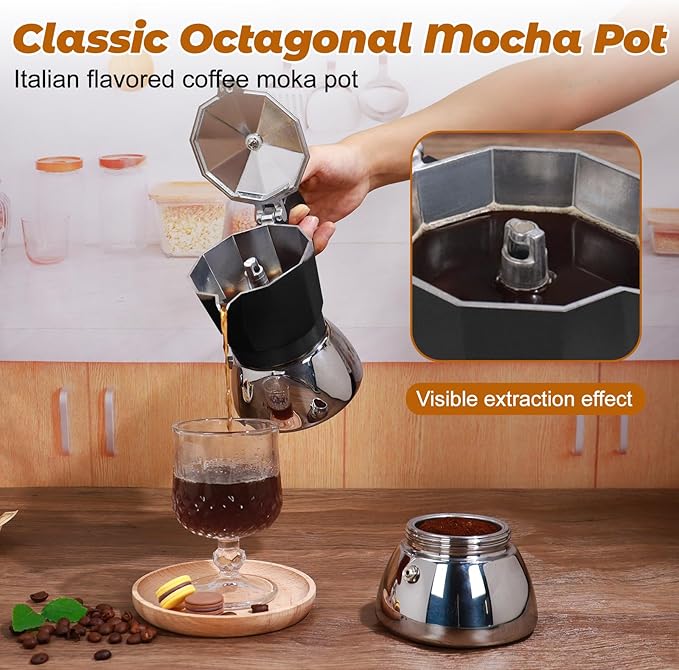 No Coating 6 Cup Aluminum and Stainless Steel Moka Pot Stovetop Espresso Maker Italian Coffee Machine 350ml 11.84oz Suitable for Gas Induction Stovetop Greca Coffee Maker Percolator Black
