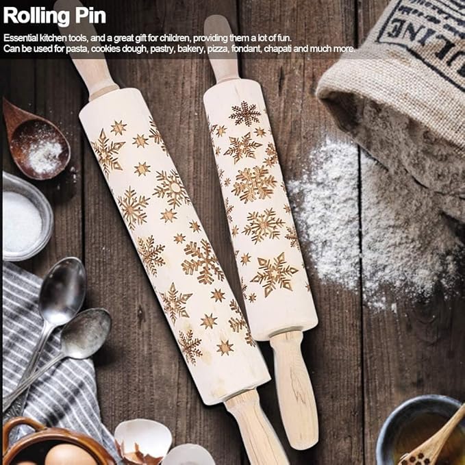 Embossed Wooden Rolling Pin for Baking, Deep Engraved Embossing Rolling Pin with Christmas Snowflake Flower Design for Baking Embossed Cookies Cute Kitchen Decor DIY Tool for Kids and Adults