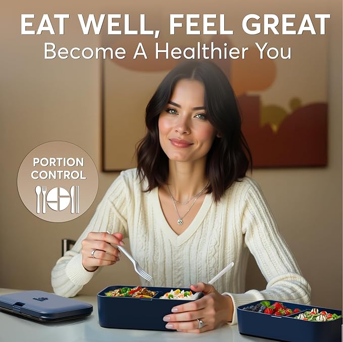 Umami Lunch Box Containers w/ 4 Utensils, 2 Sauce Jars, Nestable Space-Saving Bento Box Adult, 100% Leakproof, Microwavable Lunch Containers for Adults, Design Award Winner, Midnight Blue, 50 oz