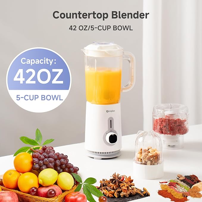 Simplus 42oz Blender for Smoothies with 2-Cup Food Processor & 1-Cup Vegetable Food Chopper, High Speed Blenders with 2 Speeds and Pulse for Puree, Nuts and Shakes