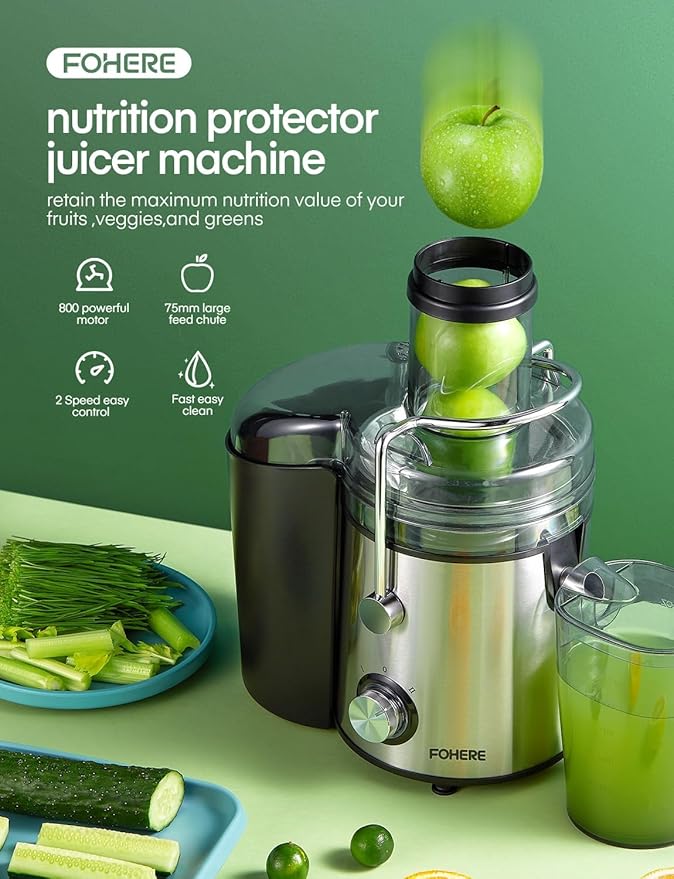 Juicer Machines, FOHERE 1000W Juicer Whole Fruit and Vegetables, Quick Juicing Easy to Clean, 75MM Large Feed Chute, Dual Speed Setting and Non-Slip Feet, Silver