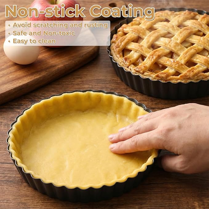 3 Pack 9.5 Inch Tart Pan with Removable Bottom, Non Stick Durable Carbon Steel Deep Quiche Tart Pan Fluted Pie Pan for Pot Oven Pies Cheesecakes Desserts