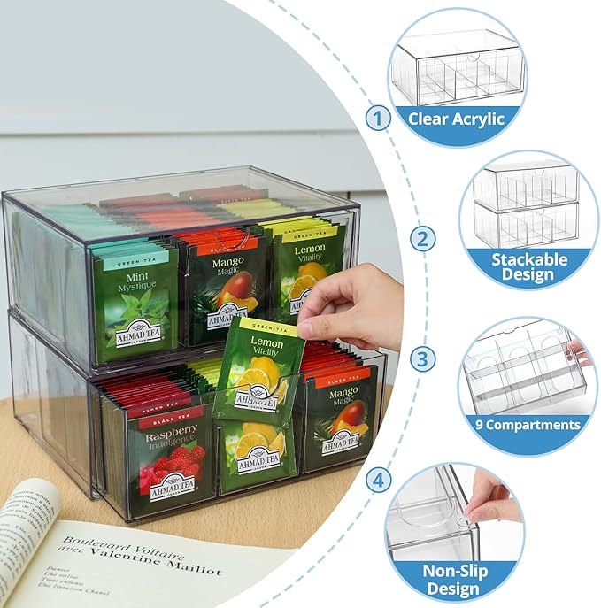 CLUQMEIK 2 Large Acrylic Tea Bag Organizer, 9 Grids Tea Organizers and Storage with Acrylic Drawers Stackable, Teabag Holder Organizer for Counter Countertop Kitchen Cabinet