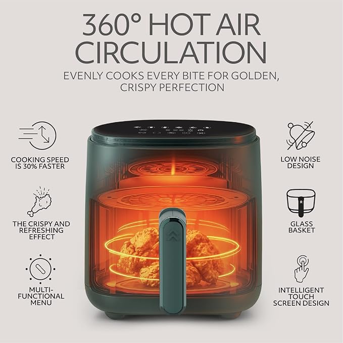 WILLOW Eco Series 6 in 1 Air Fryer with Glass Basket, 5 Quart Non Toxic Air Fryer w Digital Display, 430°F Max Temp, Preheat & Keep Warm Function, Compact + Dishwasher Safe Glass Airfryer - GREEN