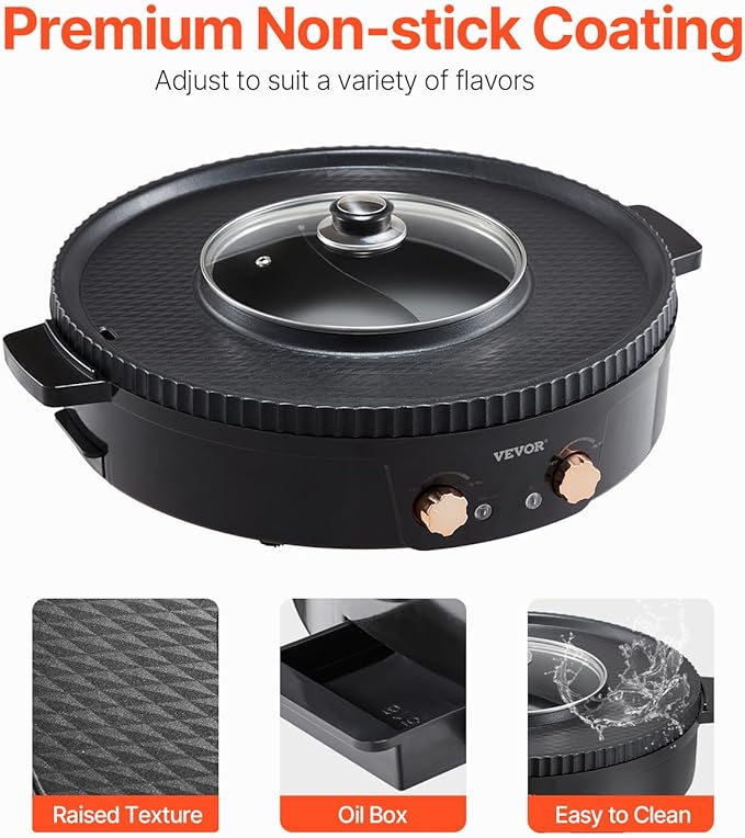 VEVOR Hot Pot with Grill, 1800W 2-in-1 Electric Smokeless Grill and Hot Pot, Korean BBQ Shabu Shabu Hotpot with Separate Dual Temperature Control, Non-stick Pan, for 2-8 People Family Dining