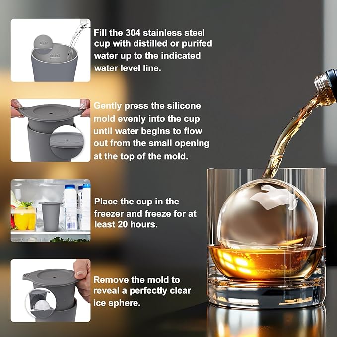 Clear Ice Cube Maker, 2.5" Easy-Release Sphere Ice Maker, Stainless Steel Clear Ice Maker (Gray, 2 PACK)