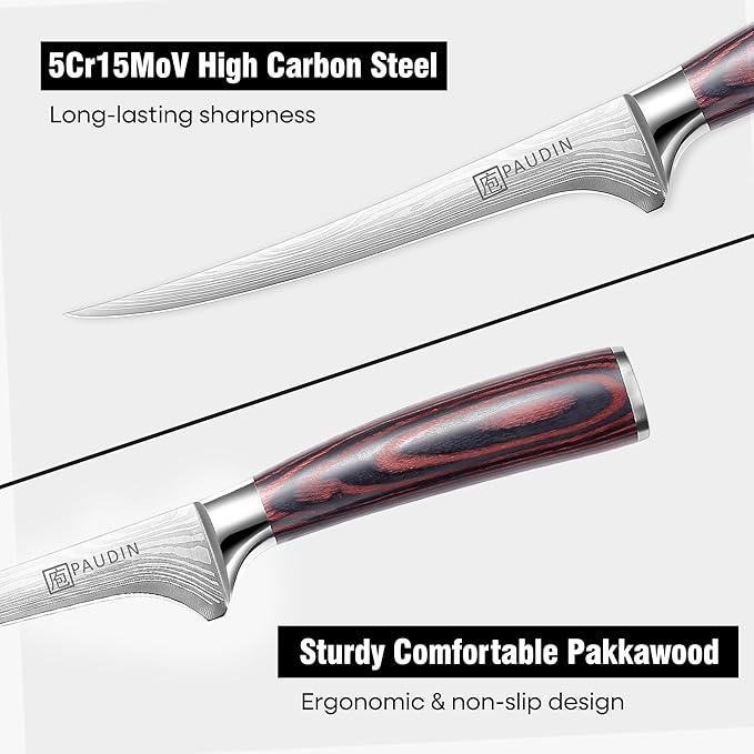 PAUDIN 7 Inch Fillet Knife – Flexible Boning Knife for Fish & Meat with Protective Sheath, Razor Sharp High Carbon Stainless Steel, Ergonomic Pakkawood Handle, Gift Box