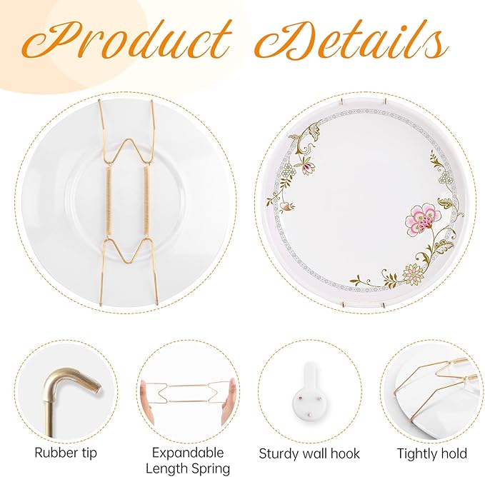 3 Pack Plate Hangers for The Wall, Suitable for 4-5 inch Art Plate, Stainless Steel Invisible Heavy Duty Wire Plate Holder with Wall Hooks, Plate Hangers for Displaying Plates, Platter, Dish, Gold