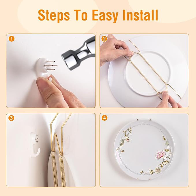 Plate Hangers for The Wall, Suitable for 10-14 inch Decorative Plate, Stainless Steel Wire Plate Holder with Wall Hooks and Rubber tip Protectors, Plate Hangers for Displaying Plates, Platter, Gold