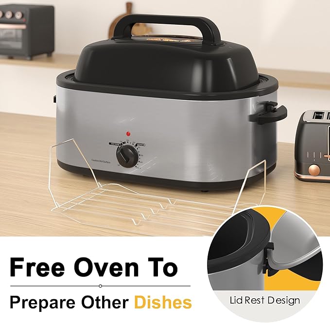 RoyalCraft 22-Quart Electric Roaster Oven with Visible Self-Basting Lid, Turkey Roaster Oven with Removable Pan and Rack, Perfect for Large Meals and Holiday Feasts, Silver