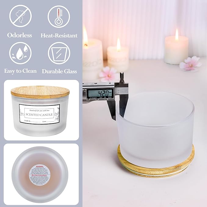 CONNOO 24oz Frosted Glass Candle Jars 6 Pack, Multi-Wick Wide Mouth Empty Bulk Candle Containers for Making Candles with Airtight Bamboo Lids, Sticky Warning Labels, Wick kit- Dishwasher Safe
