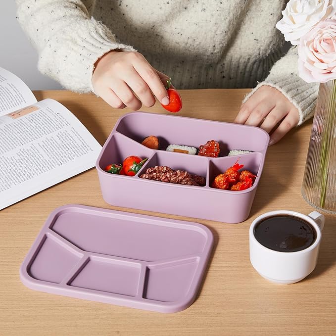 Ziliny 4 Pcs Silicone Bento Box Reusable Lunch Container Smooth Leak Proof Lunch Box Rectangle Bento Boxes for Adult Work Travel Food Meal Compartment Storage, 4 Colors(Pastel Color)