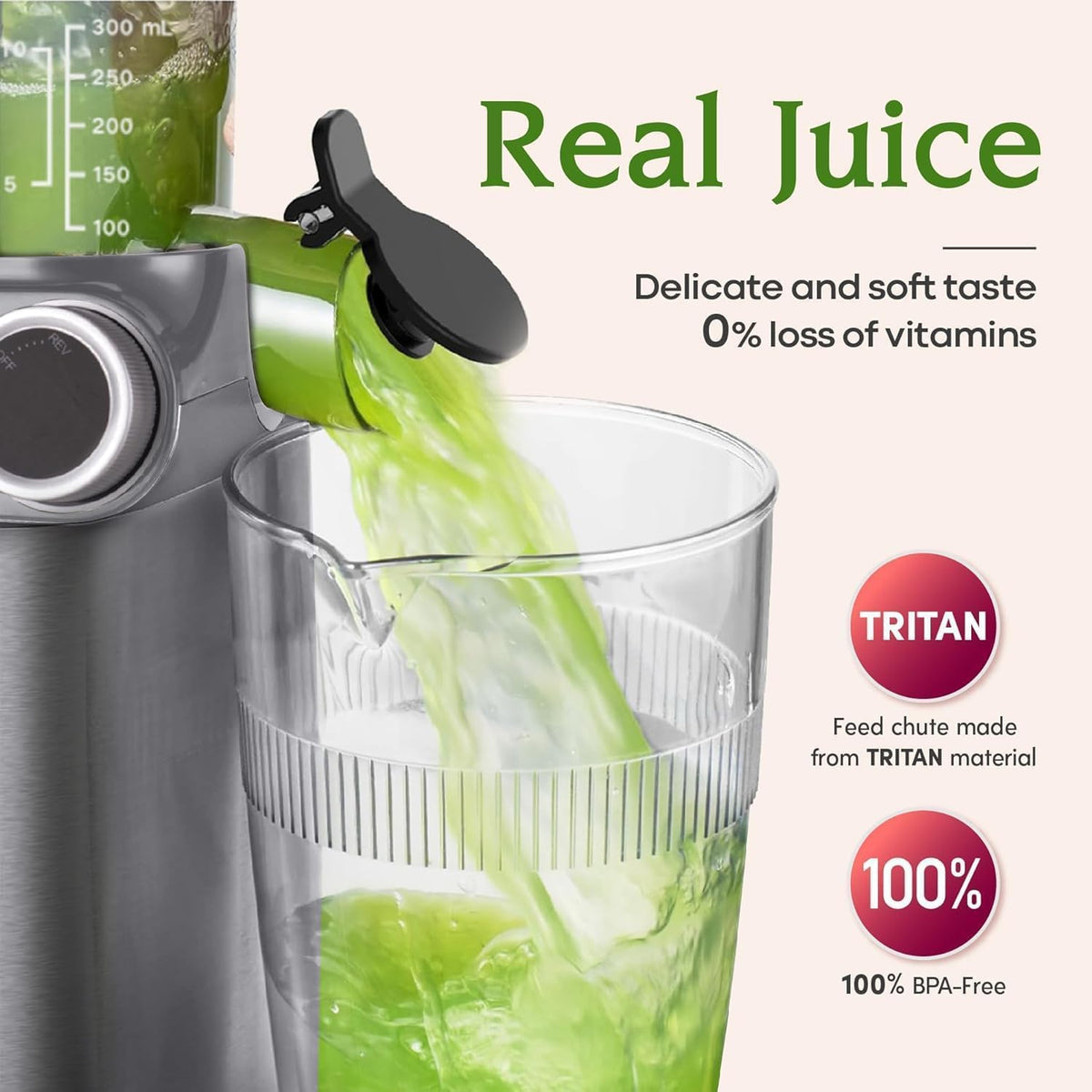 Cold Press Juicer, 200W Slow Masticating Juicer 4.3" Large Feed Chute Fit Whole Fruits Vegetables | Heavy Duty Auger | Tritan Materials | BPA Free | Easy to Clean (Gray)