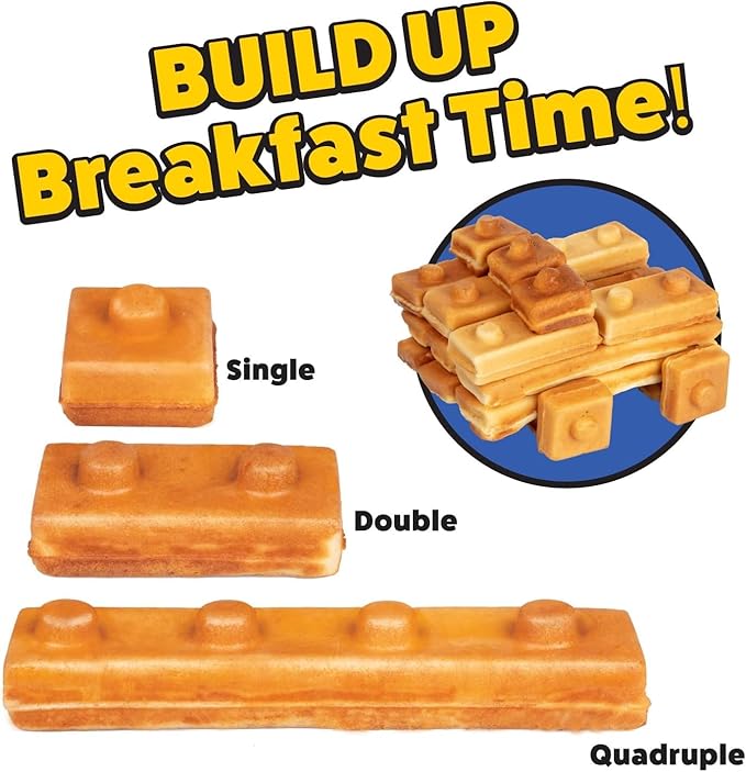 Building Brick Electric Waffle Maker- BLACK with 2 Construction Eating Plates- Cook Fun Shaped Waffles Pancakes like Houses, Cars & More- Stack & Build Creations on Serving Dishes, Morning Activity