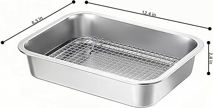 Stainless Steel Sturdy Roasting Pan with Cooling Rack – Oven, Toaster & Grill Safe, Deep Edge, Smooth Finish, Dishwasher Safe – Perfect for Turkey, Chicken, BBQ (12.4x8.5x2.8in)