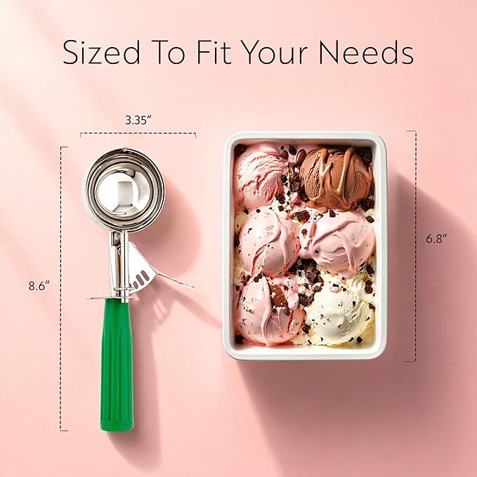 Restaurantware Met Lux 3.25 Ounce Portion Scoop 1 Trigger Release Cookie Scoop - With Green Handle Stainless Steel Disher For Portion Control Scoop Cookie Dough Cupcake Batter Or Ice Cream