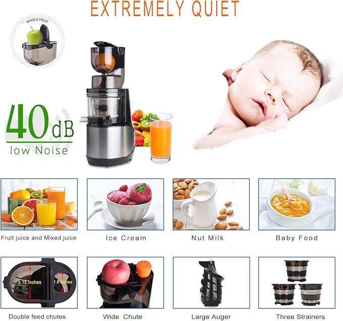 Masticating Juicer,Whole Slow Juicer Extractor by Vitalisci,Cold Press Juicer Machine,Anti-Oxidation for Fruit and Vegetable,Easy to Clean and BPA Free,(300W AC Motor/3.15" Wide Chute/40 RPMs)-Silver