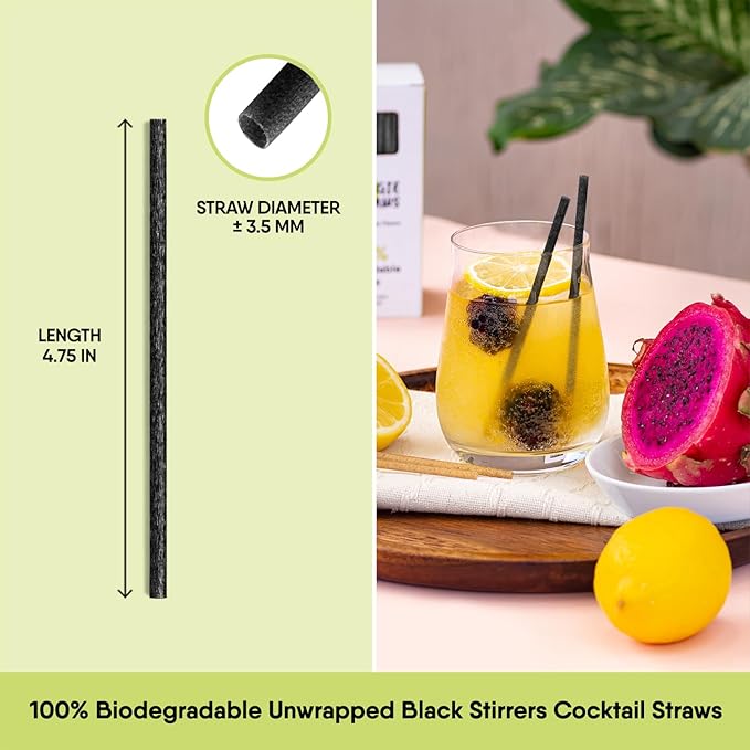 The Veggie Straws – 150 PCS of 4.75 Inches Unwrapped Black Biodegradable Drink Stirrers – Made of Vegetable Fibers, Best Cocktail Stirrers for Drinks of All Kinds