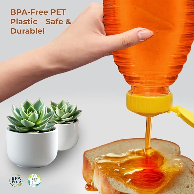 Skywin TidyFriend Honey Bottles 16 oz – 10 Pack Empty Honey Squeeze Bottle with Flip Lid & Seal, Clear Plastic Beehive Design, PET Containers