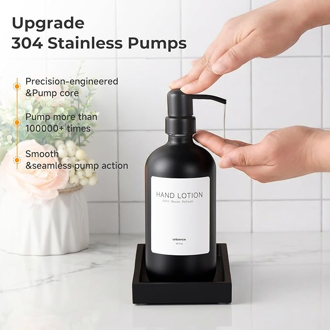 2 Packs Glass Soap Dispenser Set for Kitchen, Hand and Dish Soap Dispenser with Stainless Steel Pump & Resin Tray, Rental-Modern Refillable Countertop Soap Dispenser for Kitchen Hotels,Matte Black